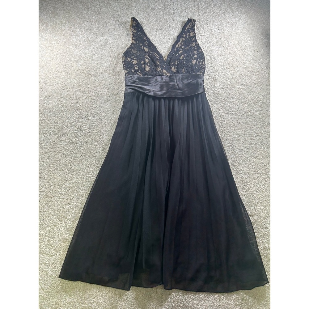 Studio‎ Y Womens Black Lace V-Neck Midi Dress L Satin Waist WhimsiGoth Babydoll